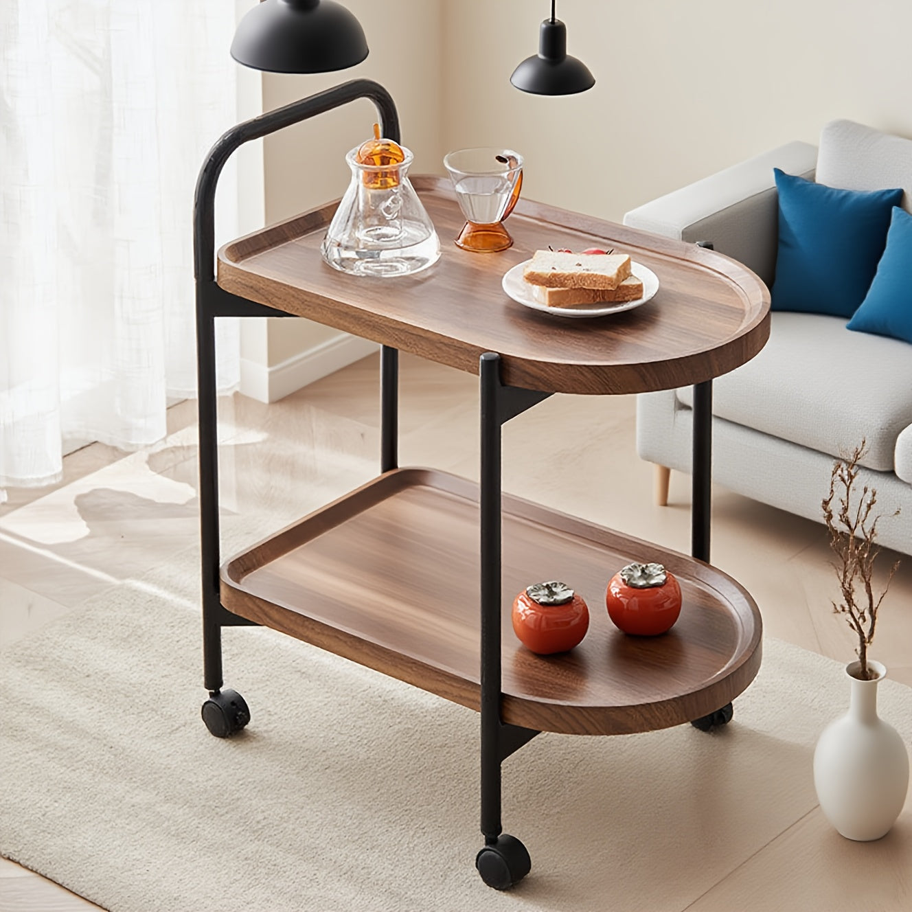 Walnut Wood Nordic Corner Table with Wheels Elegant Coffee Table Large Capacity Cart Side Rack for Reading Book Tea Vase