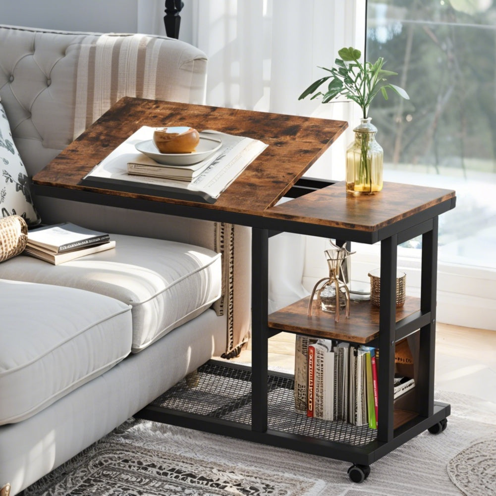 Wooden Snack Side Table with Storage Shelves, Height Adjustable C Table with Wheels - Mobile Couch & Bedside Table with Tiltable Drawing Board - Versatile Rolling Desk with Durable Metal Frame (Space-Saving Design, Brown)