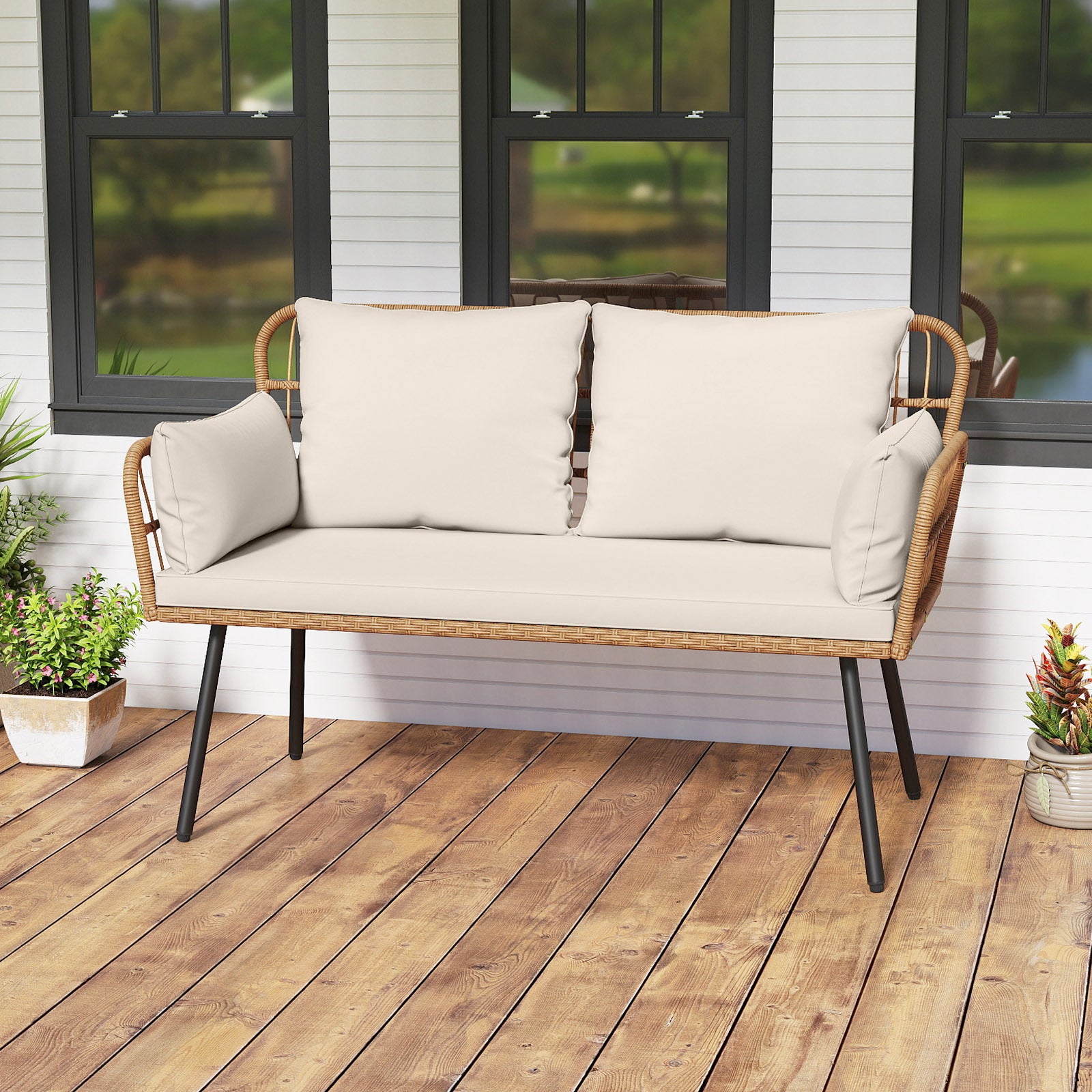 COSTWAY Outdoor Rattan 2-Seat Loveseat Patio Furniture, Boho Wicker Conversation Sofa with Seat Back Thick Cushions & Heavy-Duty Metal Legs, Outside Chair for Backyard Porch Garden Poolside Deck