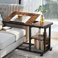 Wooden Snack Side Table with Storage Shelves, Height Adjustable C Table with Wheels - Mobile Couch & Bedside Table with Tiltable Drawing Board - Versatile Rolling Desk with Durable Metal Frame (Space-Saving Design, Brown)