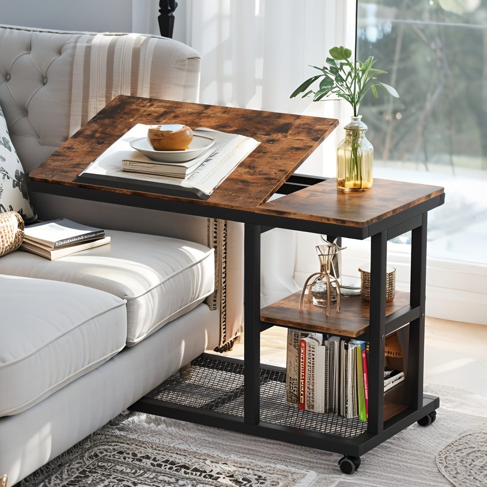 Wooden Snack Side Table with Storage Shelves, Height Adjustable C Table with Wheels - Mobile Couch & Bedside Table with Tiltable Drawing Board - Versatile Rolling Desk with Durable Metal Frame (Space-Saving Design, Brown)