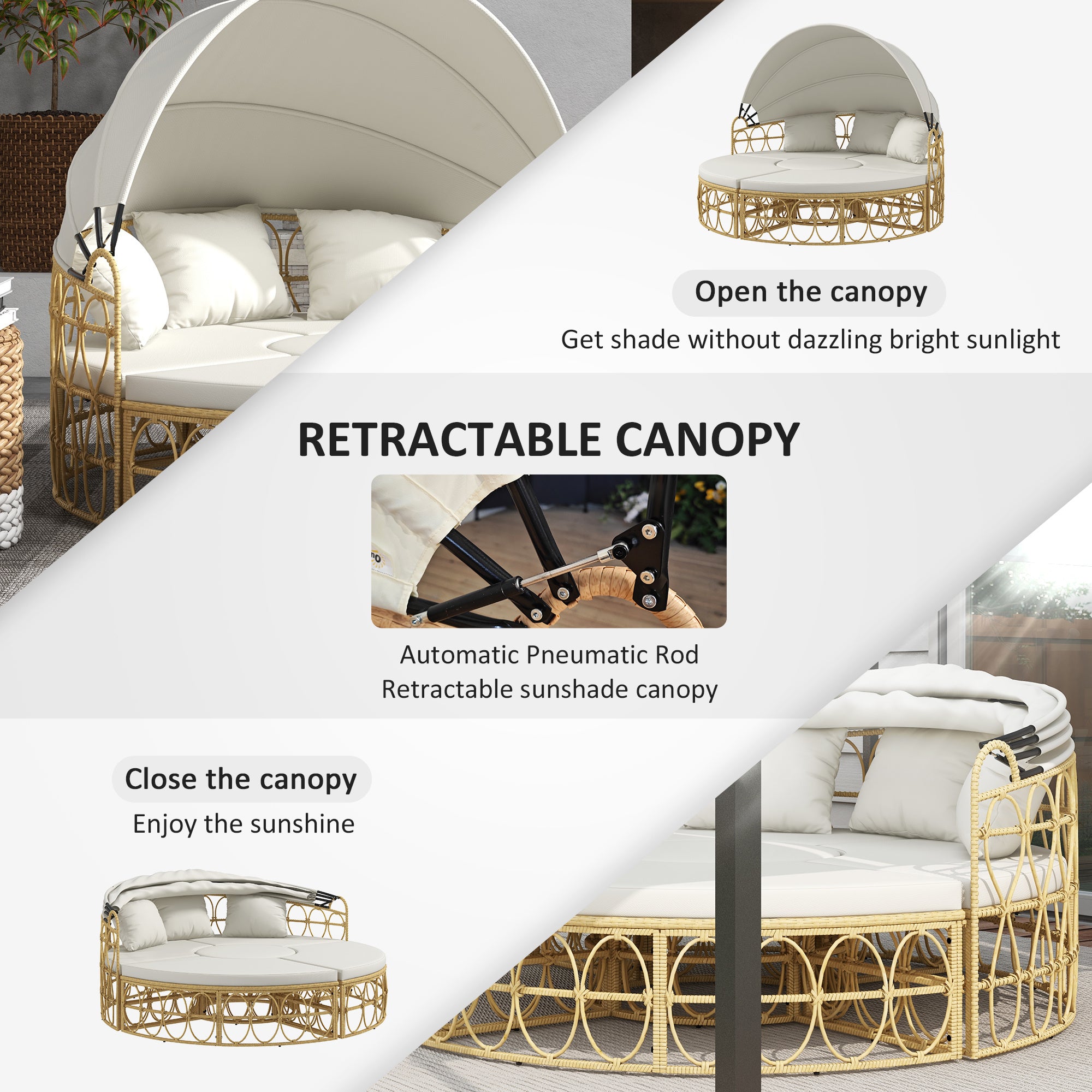Patio Furniture Set, Round Outdoor Daybed with Retractable Canopy, Hollow Wicker PE Rattan Sectional Sofa with Washable Couch Cushions for Pool, Lawn, Cream White