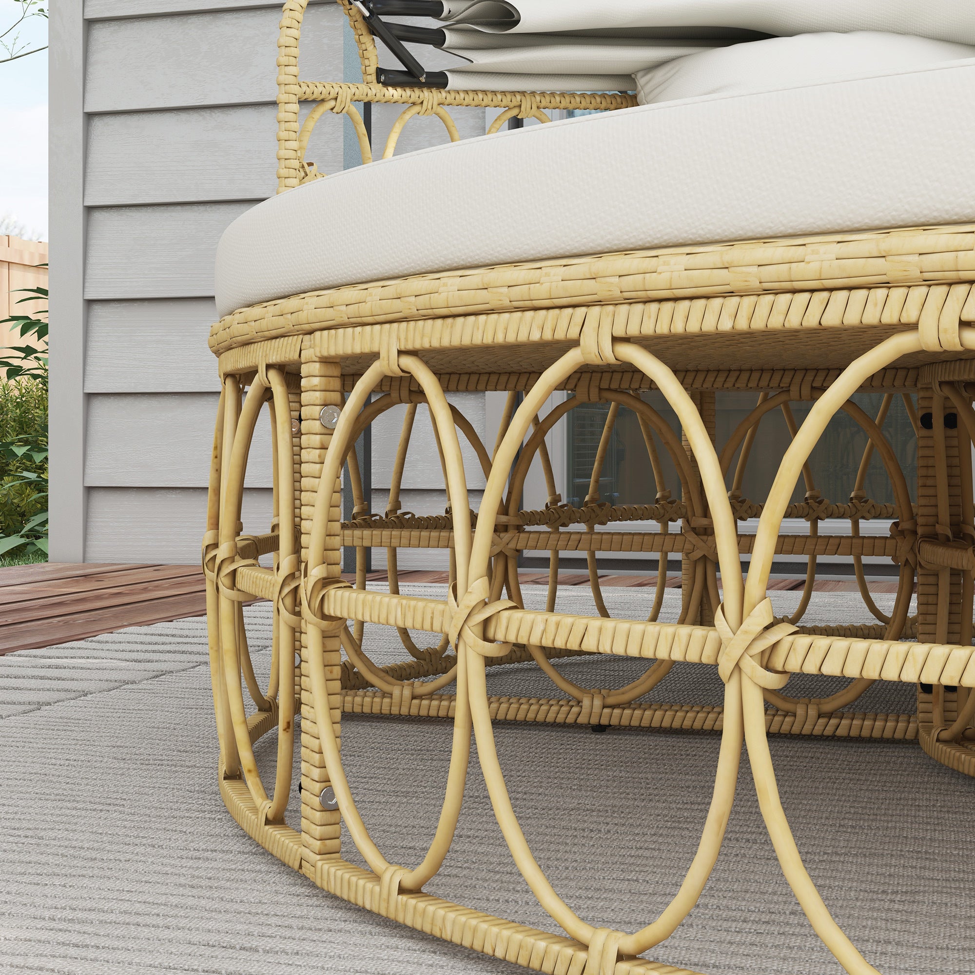 Patio Furniture Set, Round Outdoor Daybed with Retractable Canopy, Hollow Wicker PE Rattan Sectional Sofa with Washable Couch Cushions for Pool, Lawn, Cream White