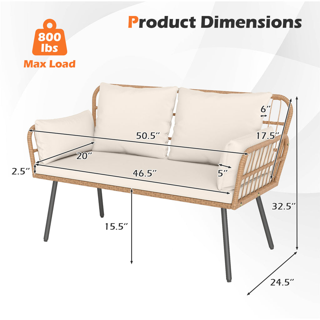 COSTWAY Outdoor Rattan 2-Seat Loveseat Patio Furniture, Boho Wicker Conversation Sofa with Seat Back Thick Cushions & Heavy-Duty Metal Legs, Outside Chair for Backyard Porch Garden Poolside Deck