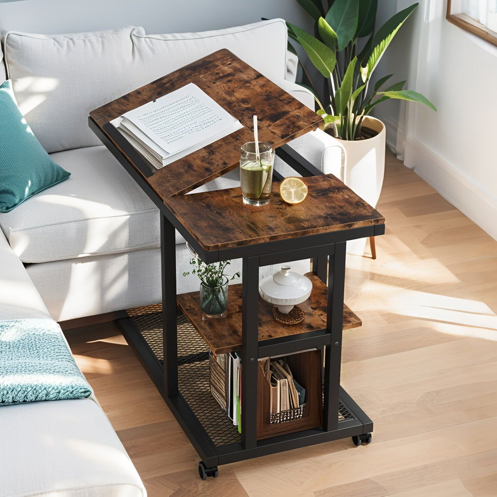 Wooden Snack Side Table with Storage Shelves, Height Adjustable C Table with Wheels - Mobile Couch & Bedside Table with Tiltable Drawing Board - Versatile Rolling Desk with Durable Metal Frame (Space-Saving Design, Brown)