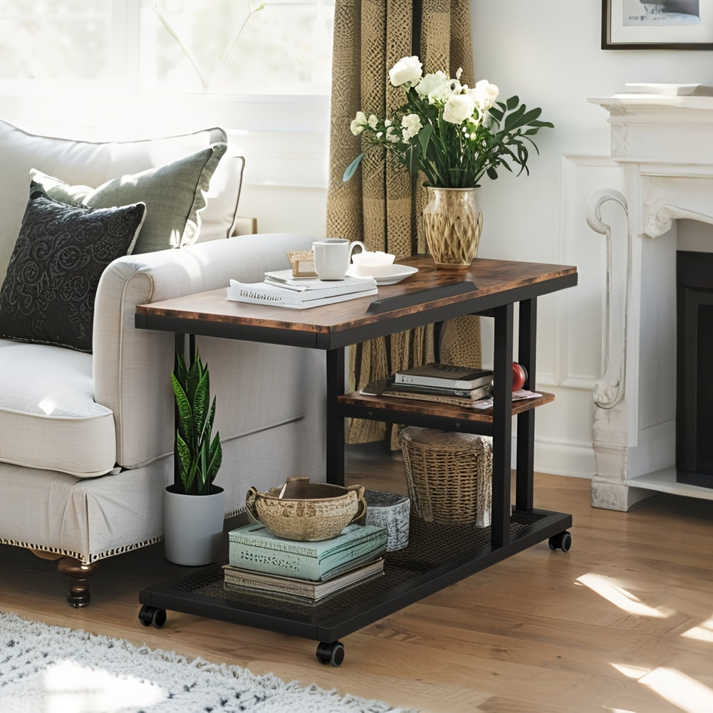 Wooden Snack Side Table with Storage Shelves, Height Adjustable C Table with Wheels - Mobile Couch & Bedside Table with Tiltable Drawing Board - Versatile Rolling Desk with Durable Metal Frame (Space-Saving Design, Brown)