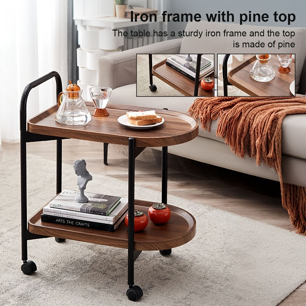 Walnut Wood Nordic Corner Table with Wheels Elegant Coffee Table Large Capacity Cart Side Rack for Reading Book Tea Vase