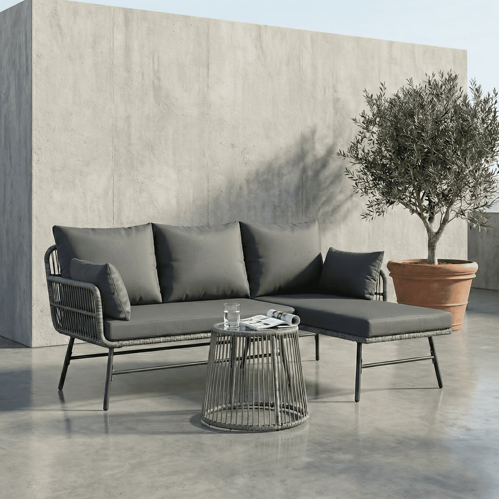 Bezseller 3pcs Outdoor Patio Rattan Furniture Set, L-Shaped Conversation Set with Coffee Table for Backyard, Balcony, Garden, Porch, Patio