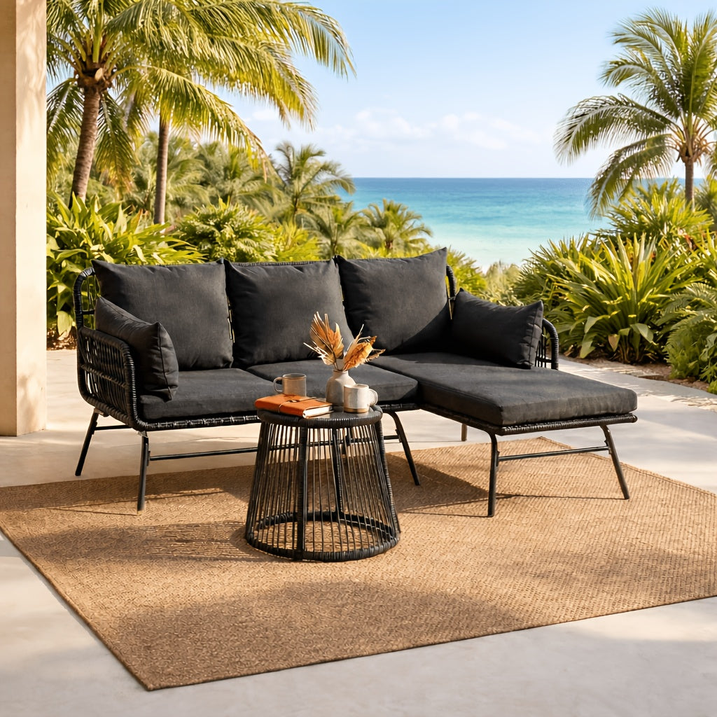Bezseller 3pcs Outdoor Patio Rattan Furniture Set, L-Shaped Conversation Set with Coffee Table for Backyard, Balcony, Garden, Porch, Patio