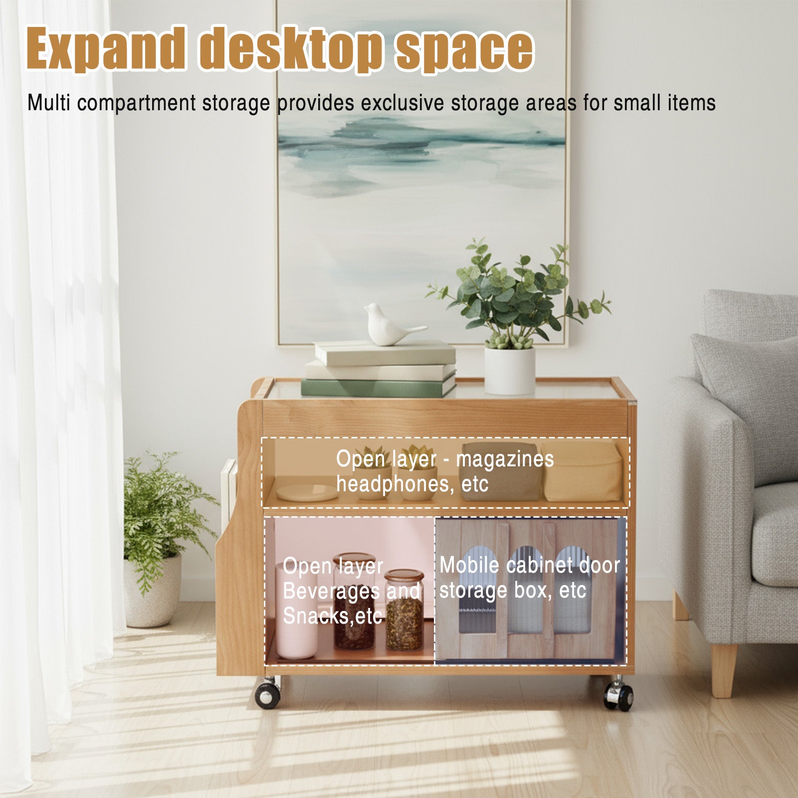 Solid Wood Side Table with Wheels Narrow Side Table with Storage Portable End Table for Bedroom Living Room
