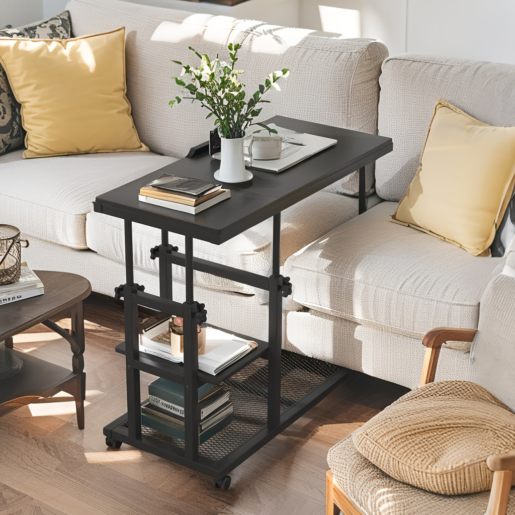 Wooden Snack Side Table with Storage Shelves, Height Adjustable C Table with Wheels - Mobile Couch & Bedside Table with Tiltable Drawing Board - Versatile Rolling Desk with Durable Metal Frame (Space-Saving Design, Brown)