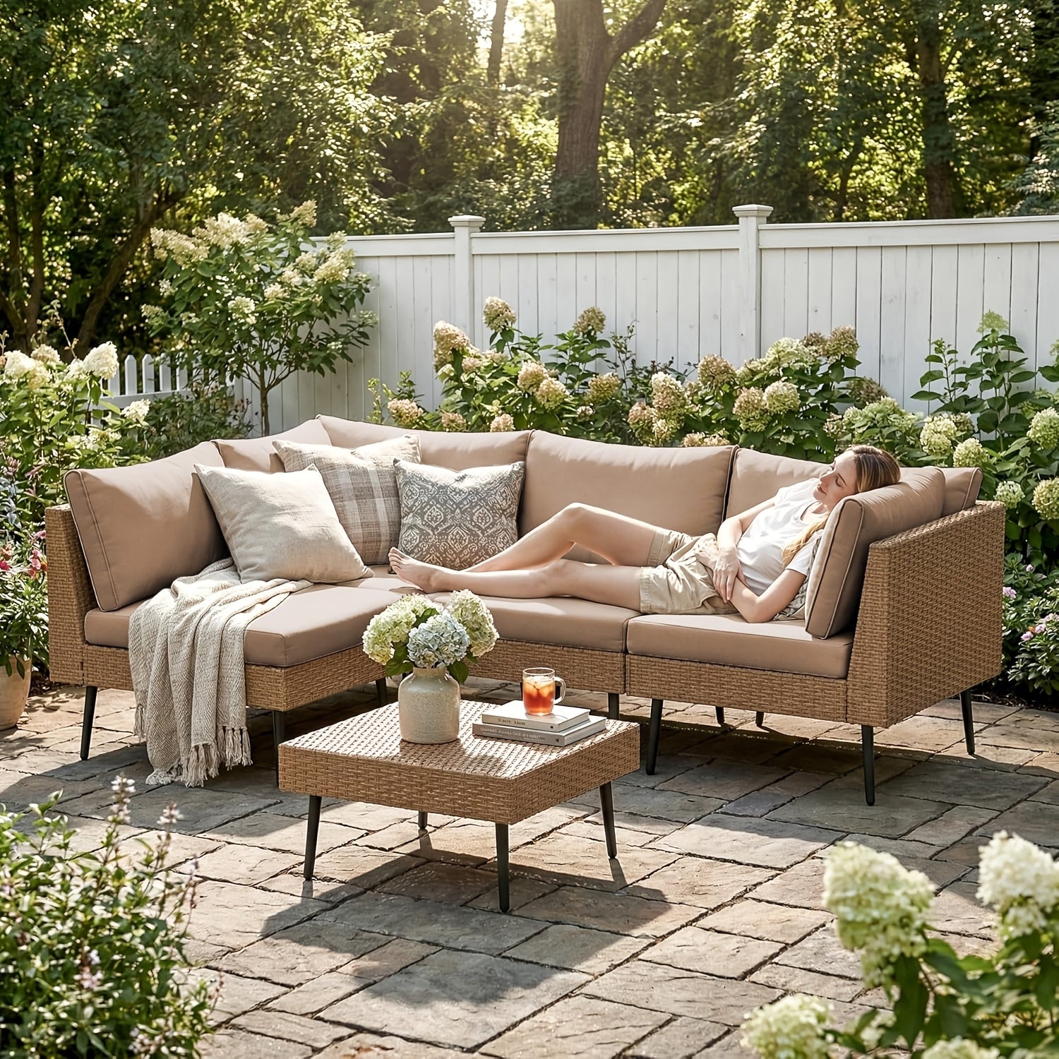 STHOUYN 5pcs L-Shaped Outdoor Wicker Sofa Set, Patio Conversation Furniture with 4\