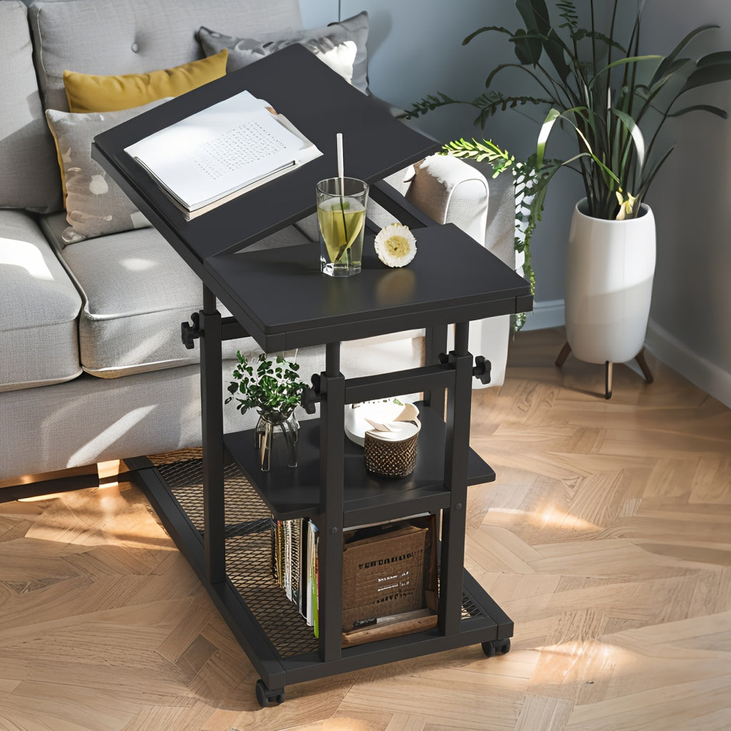 Wooden Snack Side Table with Storage Shelves, Height Adjustable C Table with Wheels - Mobile Couch & Bedside Table with Tiltable Drawing Board - Versatile Rolling Desk with Durable Metal Frame (Space-Saving Design, Brown)