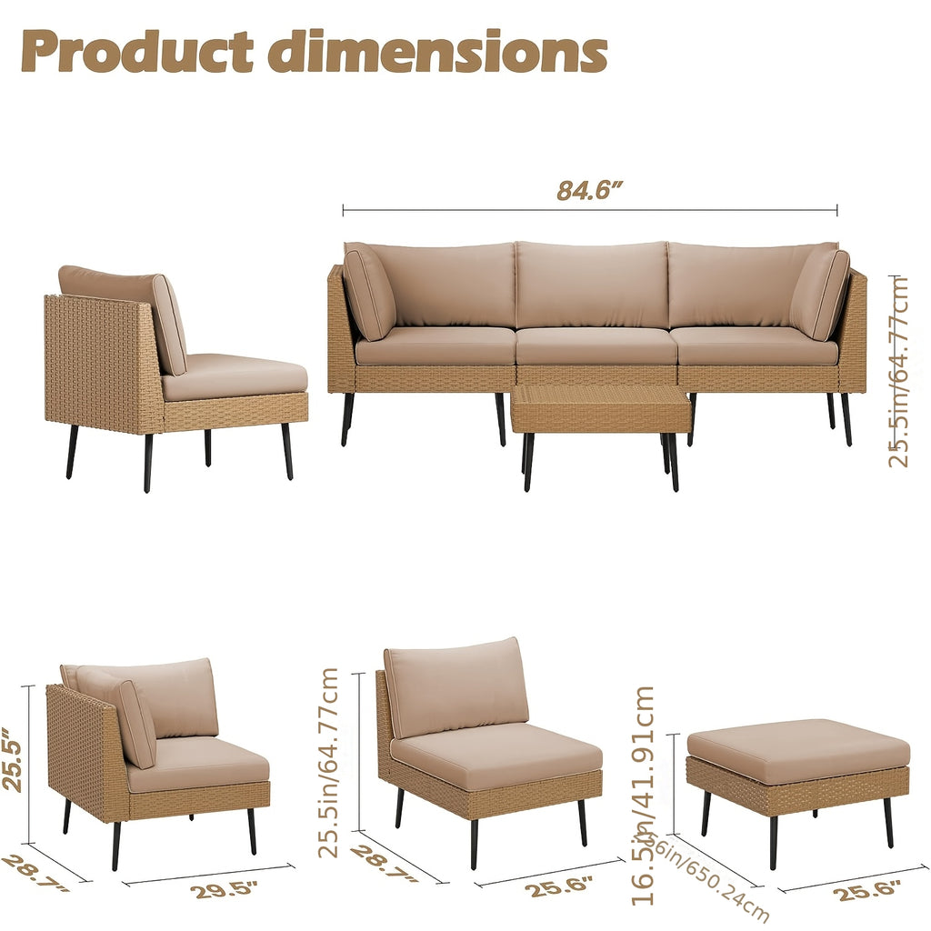 STHOUYN 5pcs L-Shaped Outdoor Wicker Sofa Set, Patio Conversation Furniture with 4\