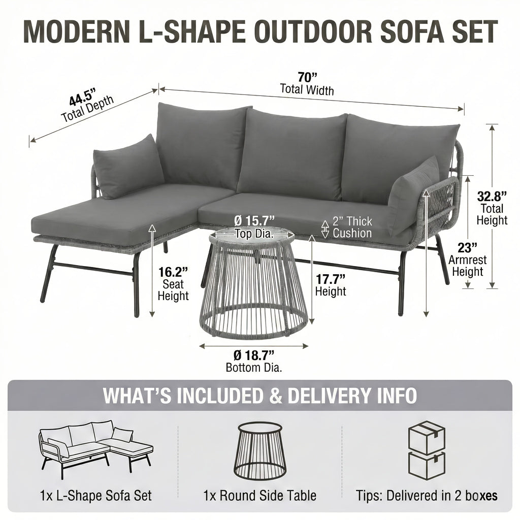 Bezseller 3pcs Outdoor Patio Rattan Furniture Set, L-Shaped Conversation Set with Coffee Table for Backyard, Balcony, Garden, Porch, Patio