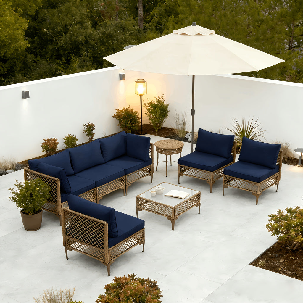 7pcs Outdoor Wicker Patio Furniture Set, Rattan Sectional Sofa with Cushions And Coffee Table, Suitable for Backyard, Poolside, Porch, Garden, Sectional Patio Furniture, Patio Table, Outdoor Table, L-shaped Patio Sofa Set