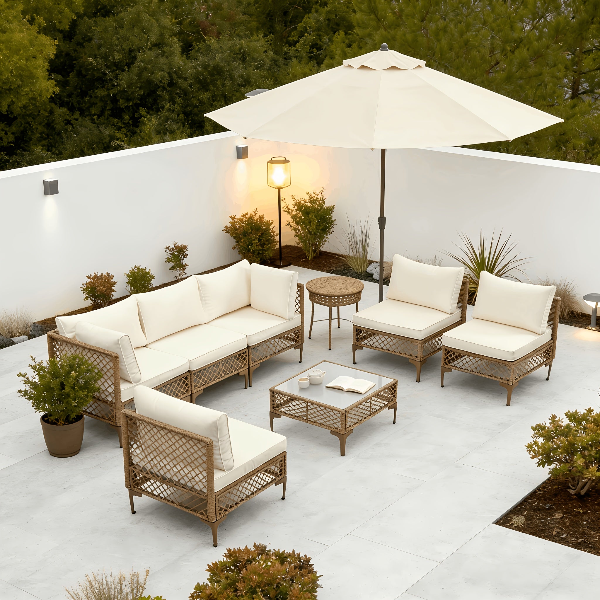 7pcs Outdoor Wicker Patio Furniture Set, Rattan Sectional Sofa with Cushions And Coffee Table, Suitable for Backyard, Poolside, Porch, Garden, Sectional Patio Furniture, Patio Table, Outdoor Table, L-shaped Patio Sofa Set