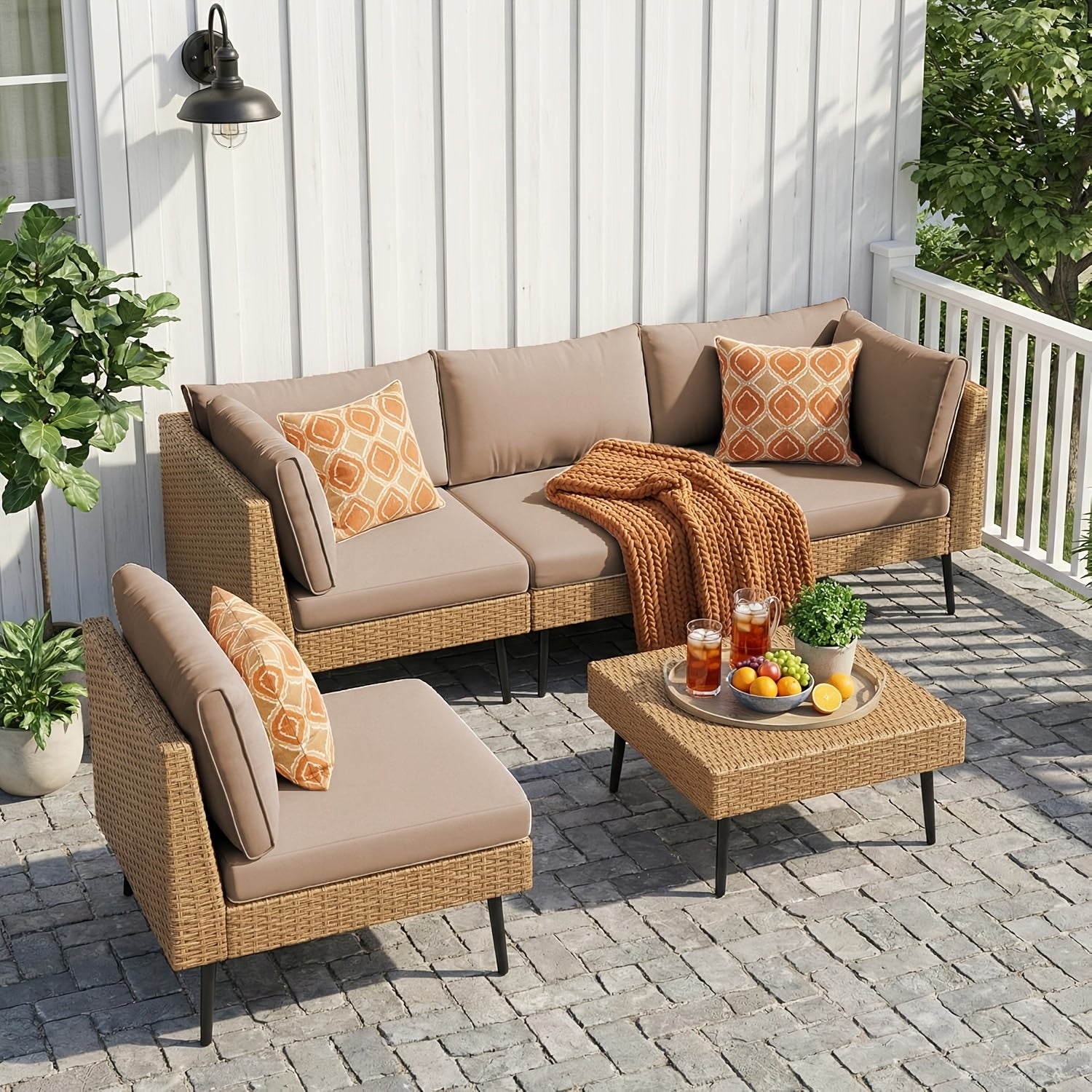 STHOUYN 5pcs L-Shaped Outdoor Wicker Sofa Set, Patio Conversation Furniture with 4\