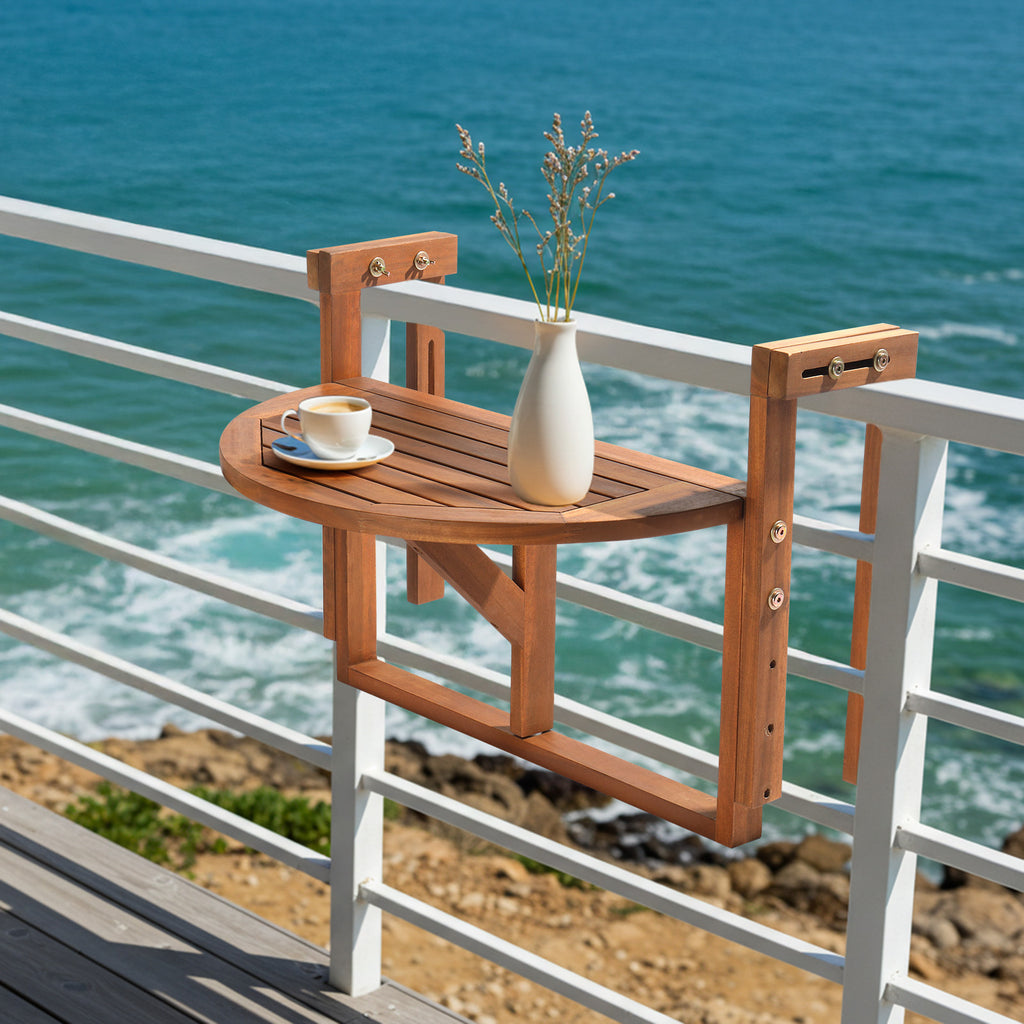 25in Hangable Folding Square\u002F Semi-Round Log Color Patio Folding Wood Side Table Acacia Wood