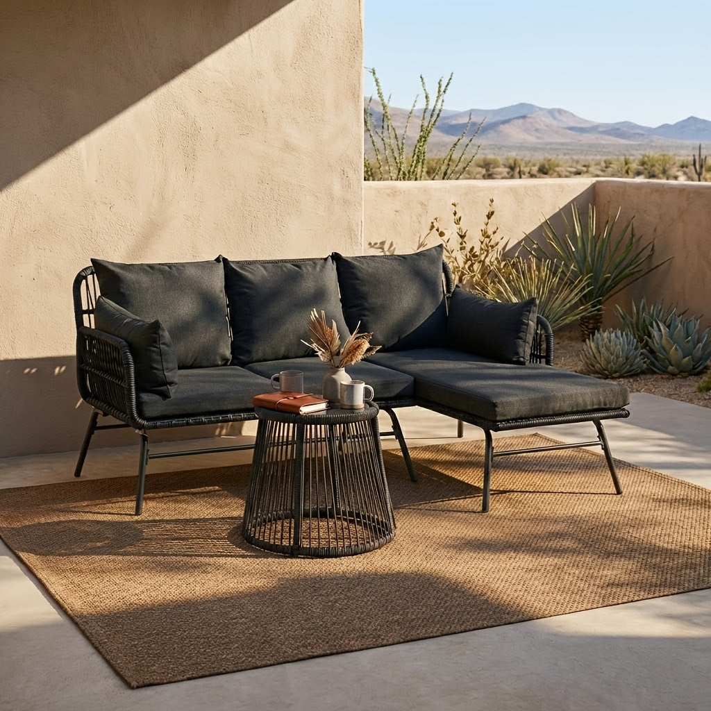 Bezseller 3pcs Outdoor Patio Rattan Furniture Set, L-Shaped Conversation Set with Coffee Table for Backyard, Balcony, Garden, Porch, Patio