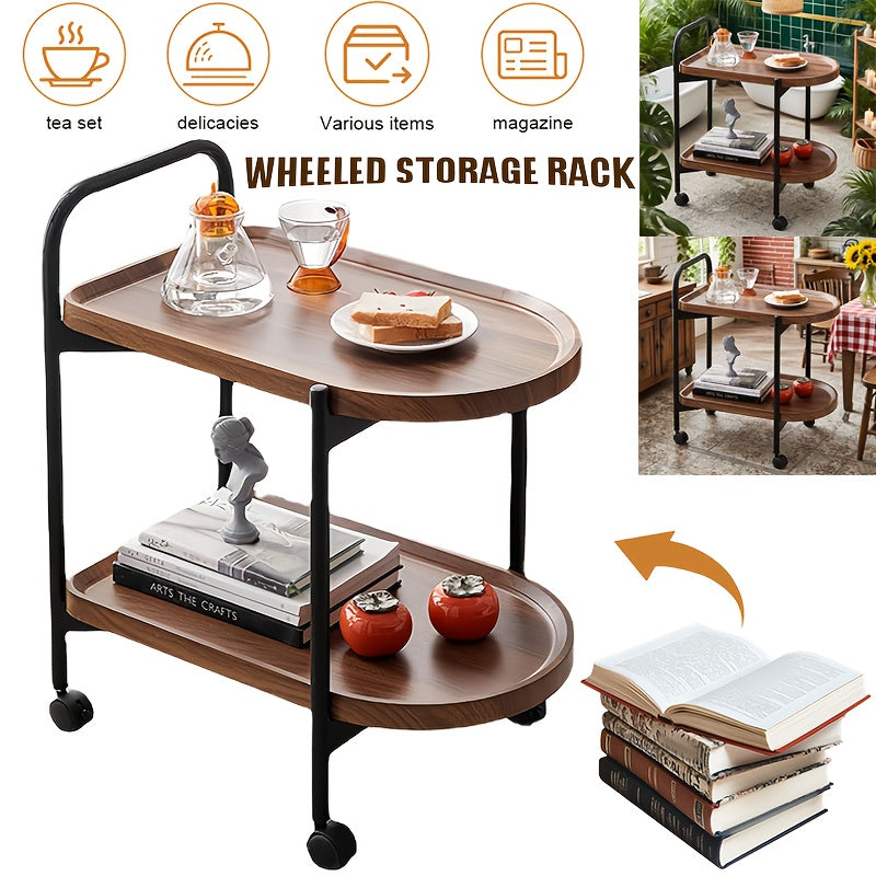 Walnut Wood Nordic Corner Table with Wheels Elegant Coffee Table Large Capacity Cart Side Rack for Reading Book Tea Vase