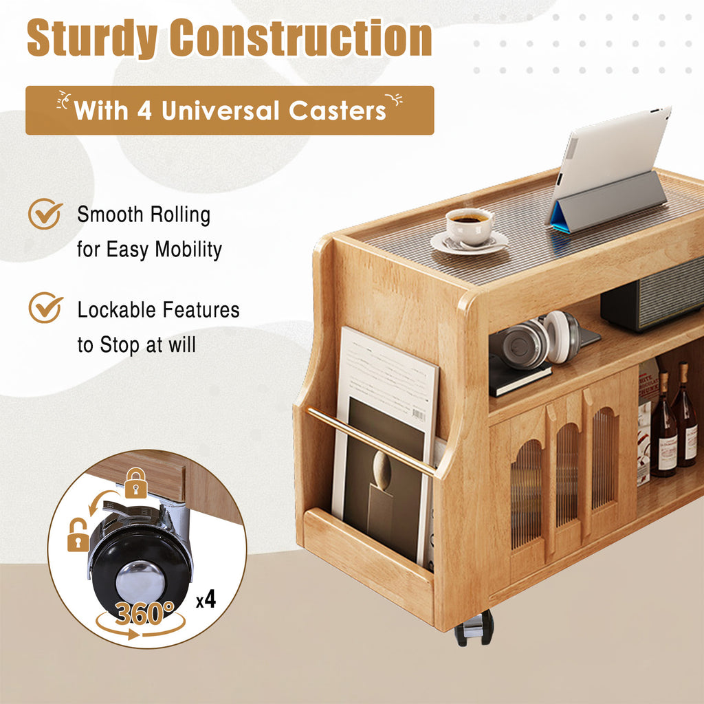 Side Table with Wheels, Narrow 5-Shelf Rolling Cart with Locking Casters, Solid Wood Mobile End Table for Small Spaces, Living Room, Bedroom, Kitchen
