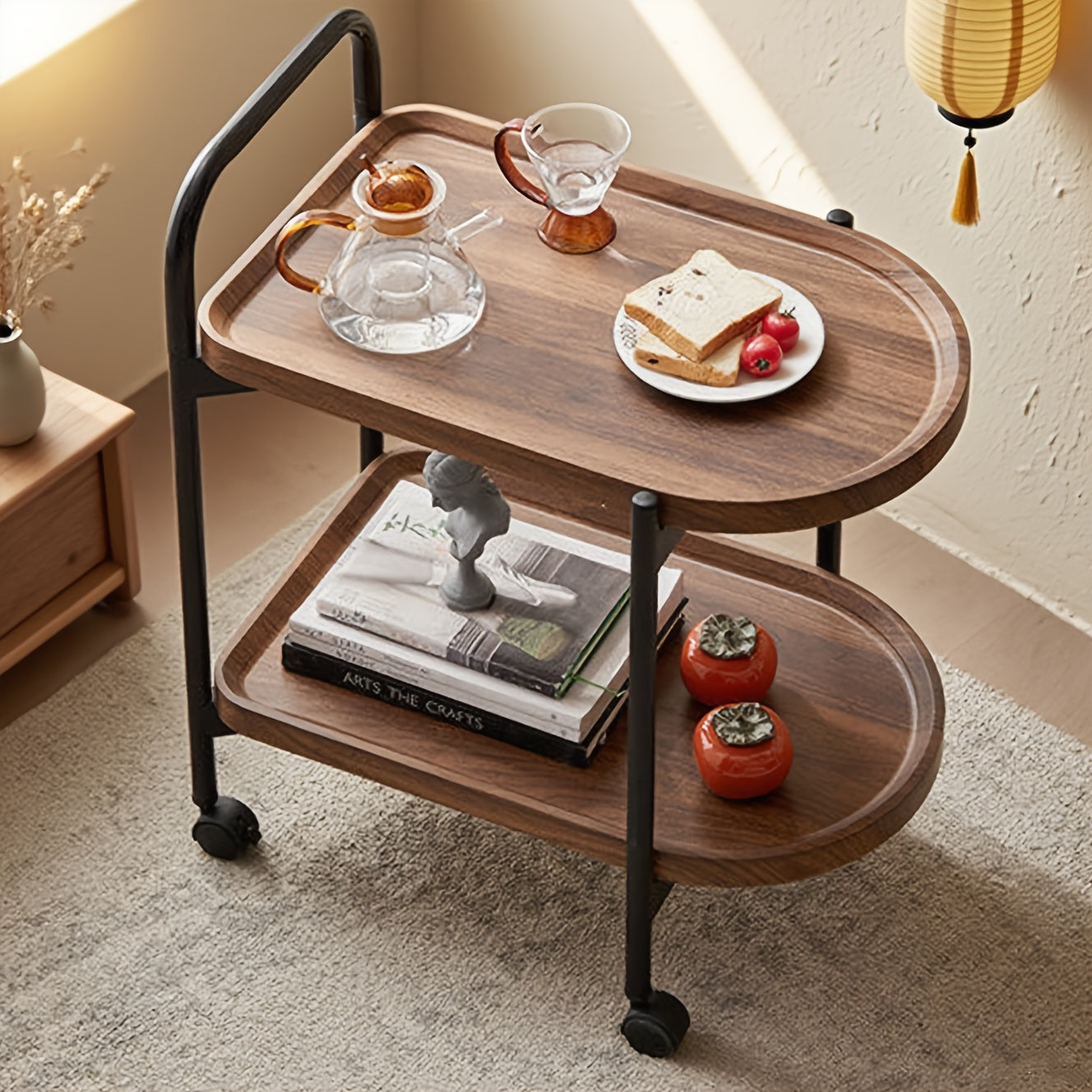 Walnut Wood Nordic Corner Table with Wheels Elegant Coffee Table Large Capacity Cart Side Rack for Reading Book Tea Vase