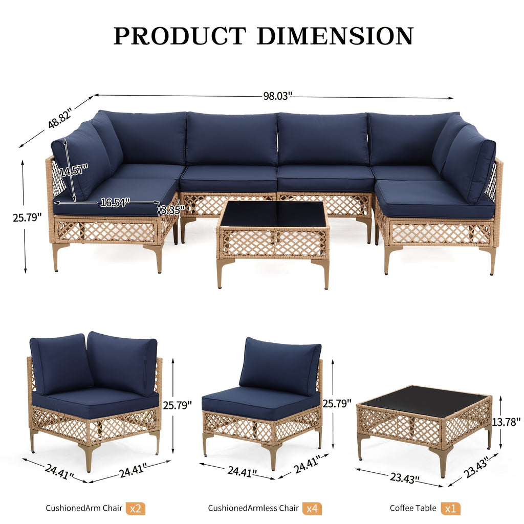 7pcs Outdoor Wicker Patio Furniture Set, Rattan Sectional Sofa with Cushions And Coffee Table, Suitable for Backyard, Poolside, Porch, Garden, Sectional Patio Furniture, Patio Table, Outdoor Table, L-shaped Patio Sofa Set