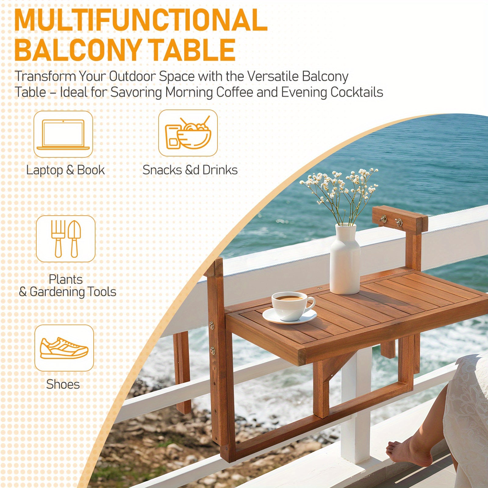 25in Hangable Folding Square\u002F Semi-Round Log Color Patio Folding Wood Side Table Acacia Wood