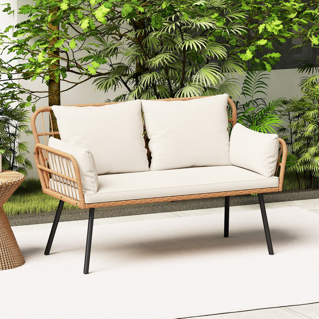 COSTWAY Outdoor Rattan 2-Seat Loveseat Patio Furniture, Boho Wicker Conversation Sofa with Seat Back Thick Cushions & Heavy-Duty Metal Legs, Outside Chair for Backyard Porch Garden Poolside Deck