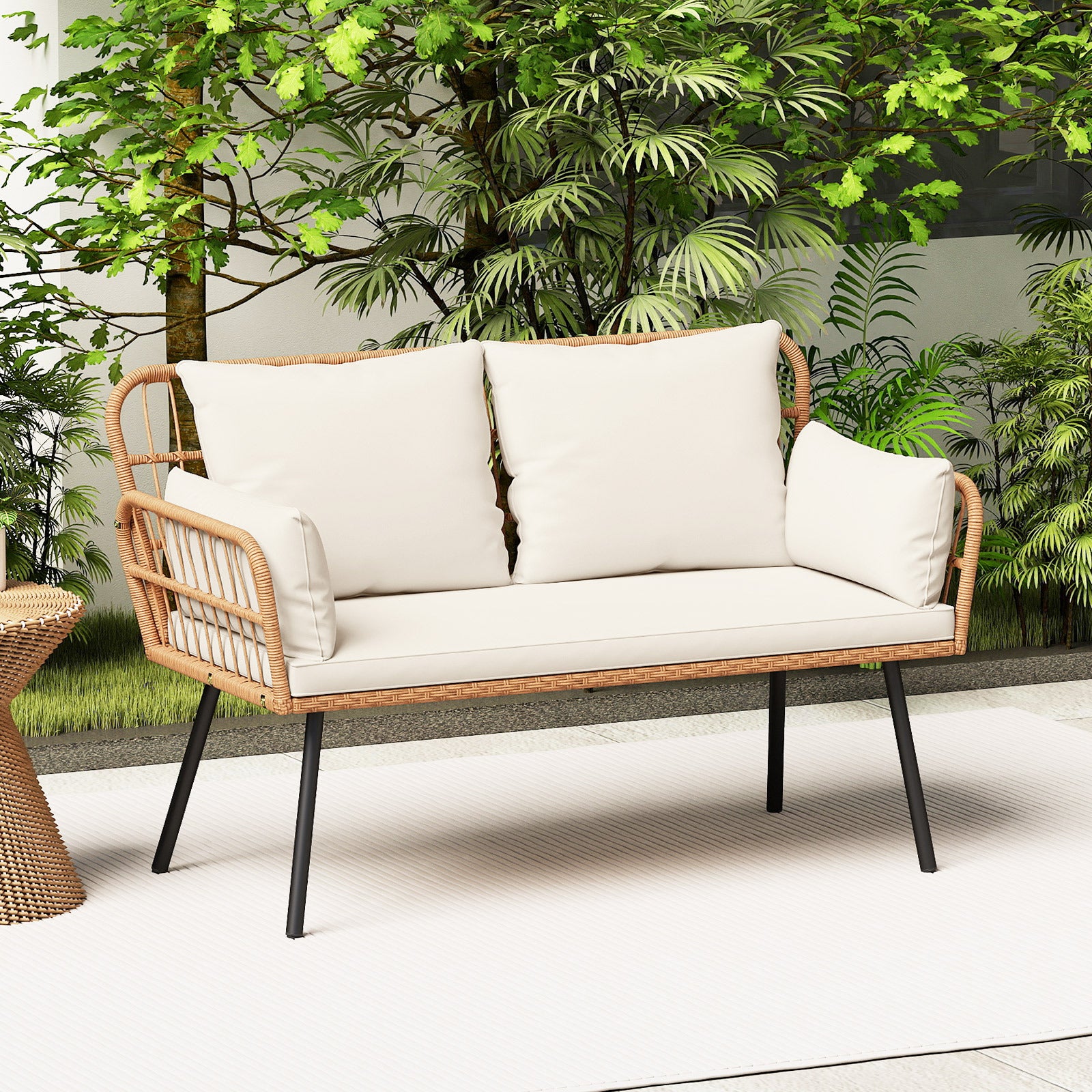 COSTWAY Outdoor Rattan 2-Seat Loveseat Patio Furniture, Boho Wicker Conversation Sofa with Seat Back Thick Cushions & Heavy-Duty Metal Legs, Outside Chair for Backyard Porch Garden Poolside Deck