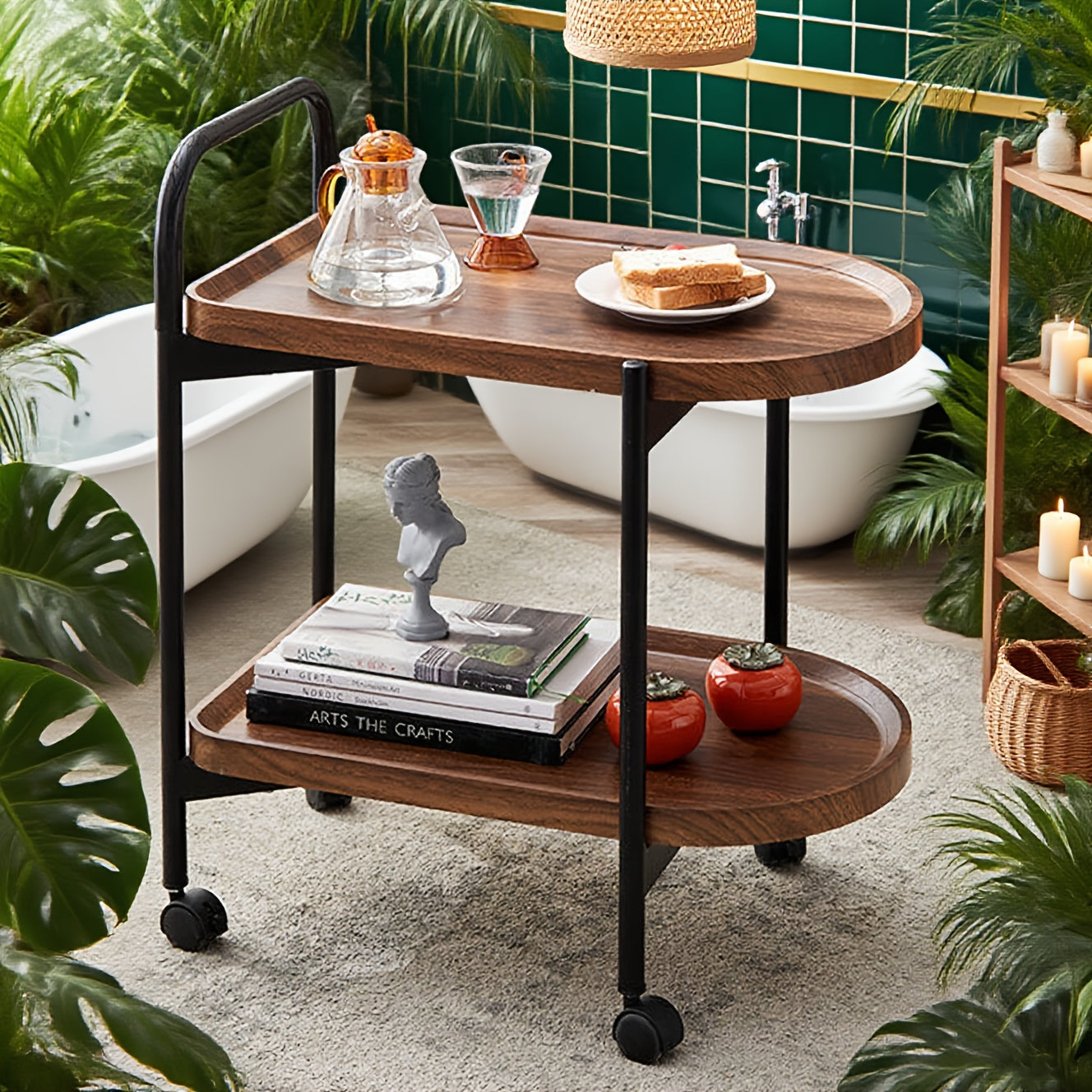 Walnut Wood Nordic Corner Table with Wheels Elegant Coffee Table Large Capacity Cart Side Rack for Reading Book Tea Vase