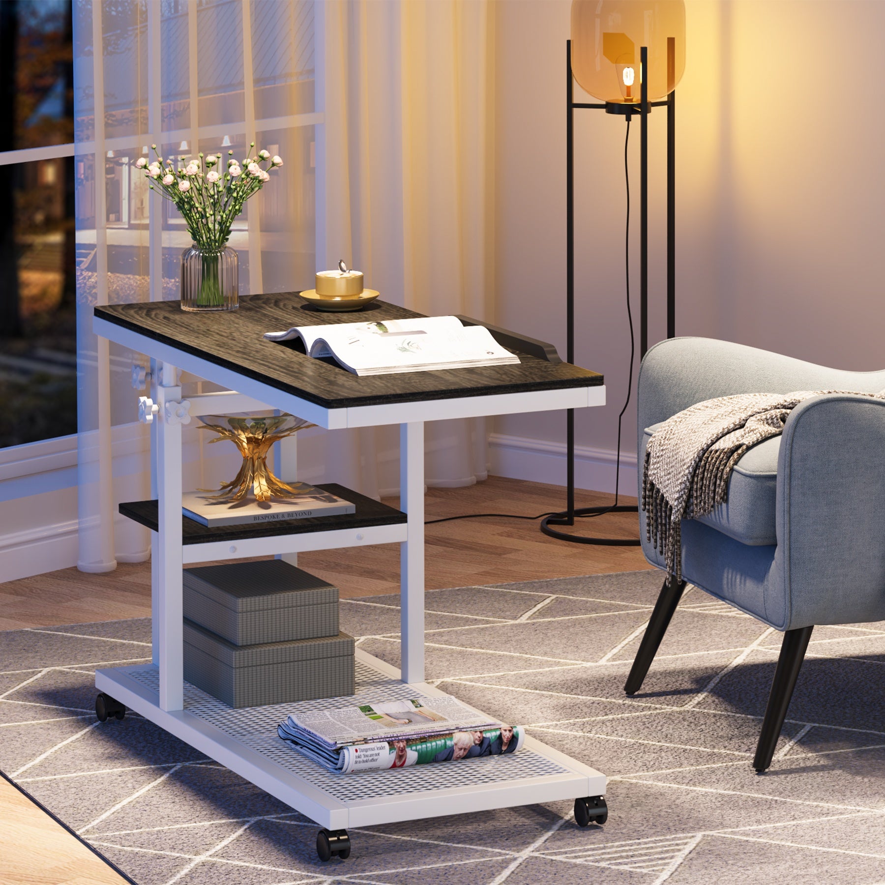 Wooden Snack Side Table with Storage Shelves, Height Adjustable C Table with Wheels - Mobile Couch & Bedside Table with Tiltable Drawing Board - Versatile Rolling Desk with Durable Metal Frame (Space-Saving Design, Brown)