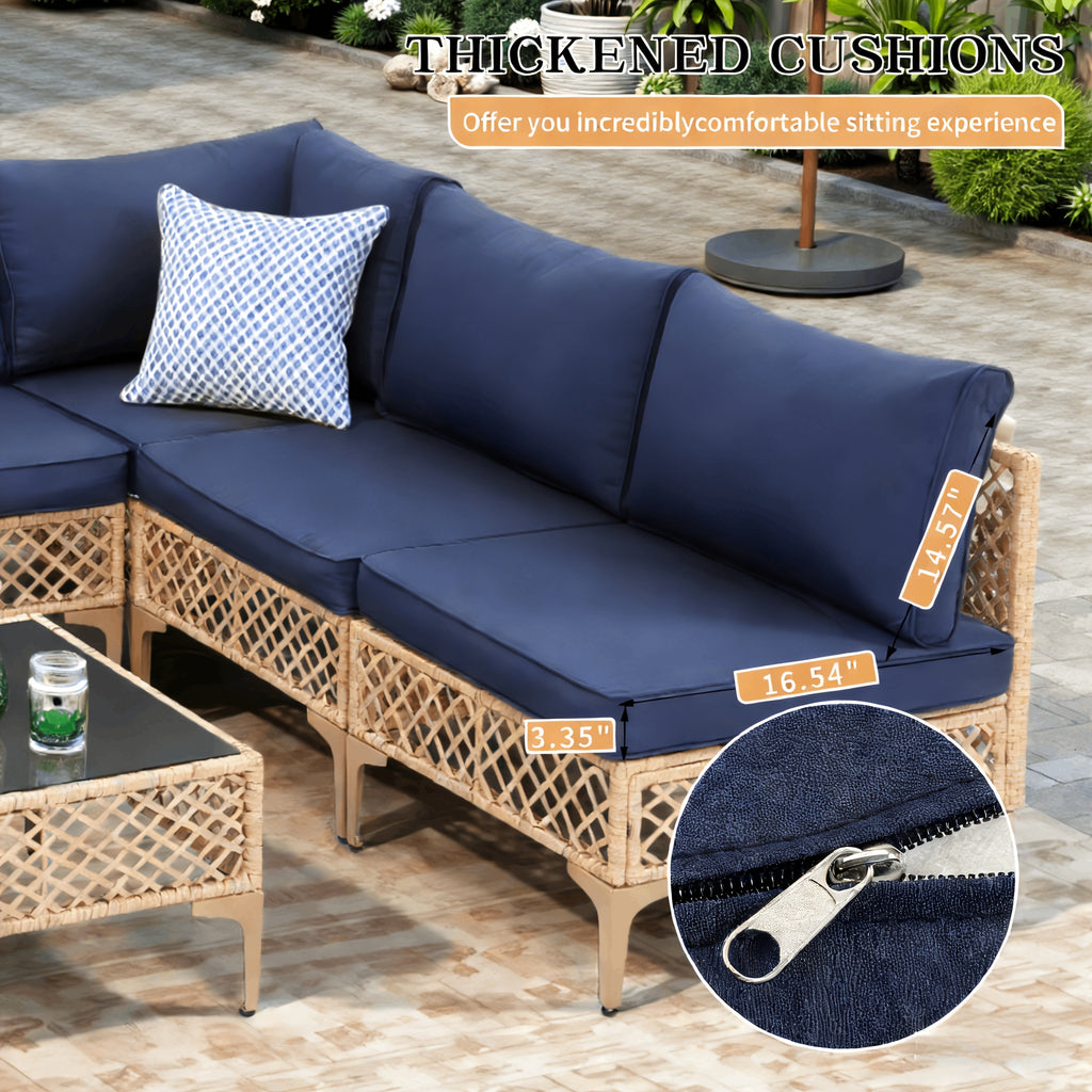 7pcs Outdoor Wicker Patio Furniture Set, Rattan Sectional Sofa with Cushions And Coffee Table, Suitable for Backyard, Poolside, Porch, Garden, Sectional Patio Furniture, Patio Table, Outdoor Table, L-shaped Patio Sofa Set