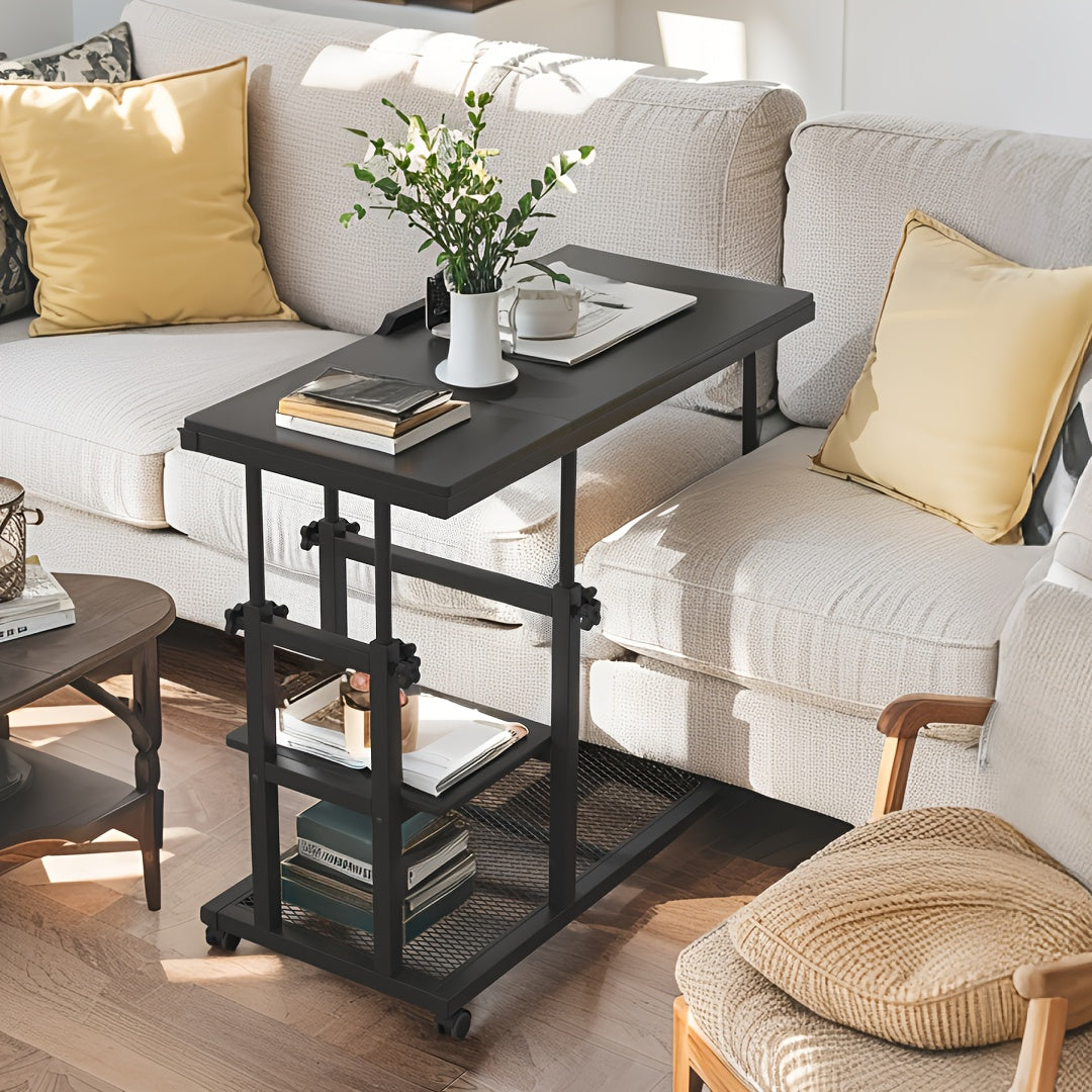 Wooden Snack Side Table with Storage Shelves, Height Adjustable C Table with Wheels - Mobile Couch & Bedside Table with Tiltable Drawing Board - Versatile Rolling Desk with Durable Metal Frame (Space-Saving Design, Brown)