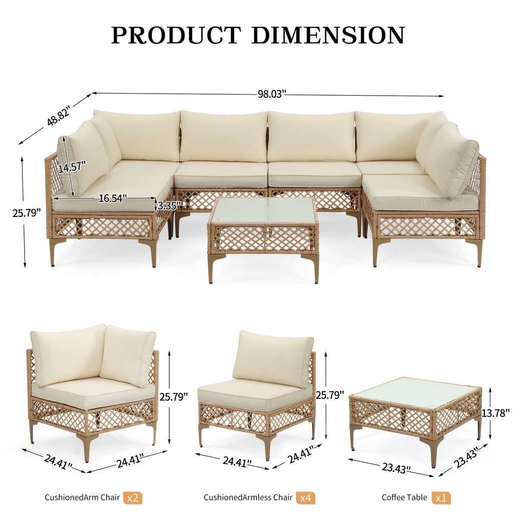 7pcs Outdoor Wicker Patio Furniture Set, Rattan Sectional Sofa with Cushions And Coffee Table, Suitable for Backyard, Poolside, Porch, Garden, Sectional Patio Furniture, Patio Table, Outdoor Table, L-shaped Patio Sofa Set