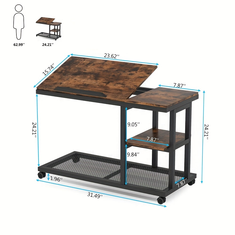 Wooden Snack Side Table with Storage Shelves, Height Adjustable C Table with Wheels - Mobile Couch & Bedside Table with Tiltable Drawing Board - Versatile Rolling Desk with Durable Metal Frame (Space-Saving Design, Brown)
