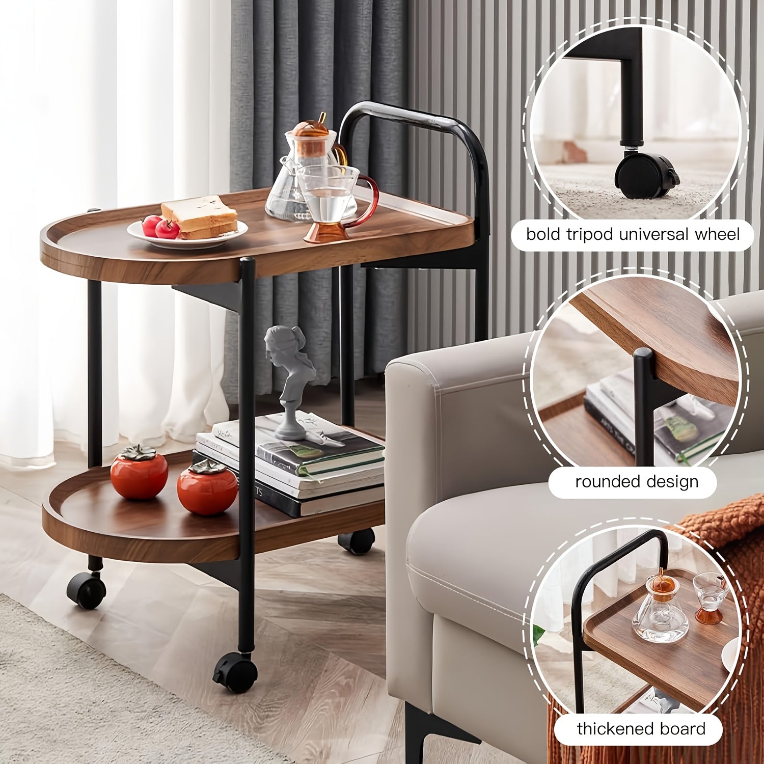 Walnut Wood Nordic Corner Table with Wheels Elegant Coffee Table Large Capacity Cart Side Rack for Reading Book Tea Vase