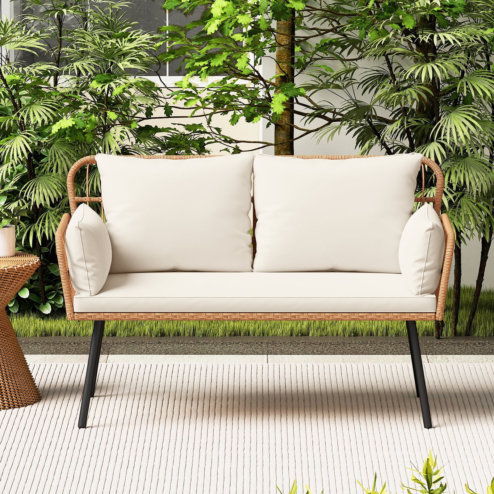 COSTWAY Outdoor Rattan 2-Seat Loveseat Patio Furniture, Boho Wicker Conversation Sofa with Seat Back Thick Cushions & Heavy-Duty Metal Legs, Outside Chair for Backyard Porch Garden Poolside Deck
