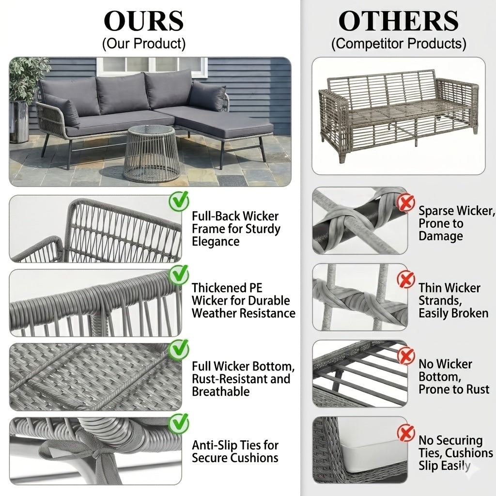 Bezseller 3pcs Outdoor Patio Rattan Furniture Set, L-Shaped Conversation Set with Coffee Table for Backyard, Balcony, Garden, Porch, Patio