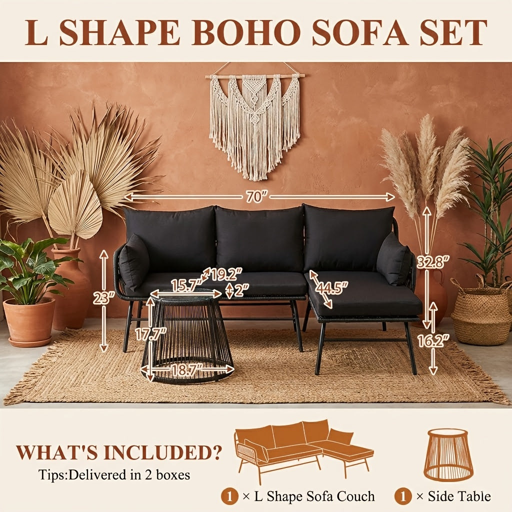 Bezseller 3pcs Outdoor Patio Rattan Furniture Set, L-Shaped Conversation Set with Coffee Table for Backyard, Balcony, Garden, Porch, Patio