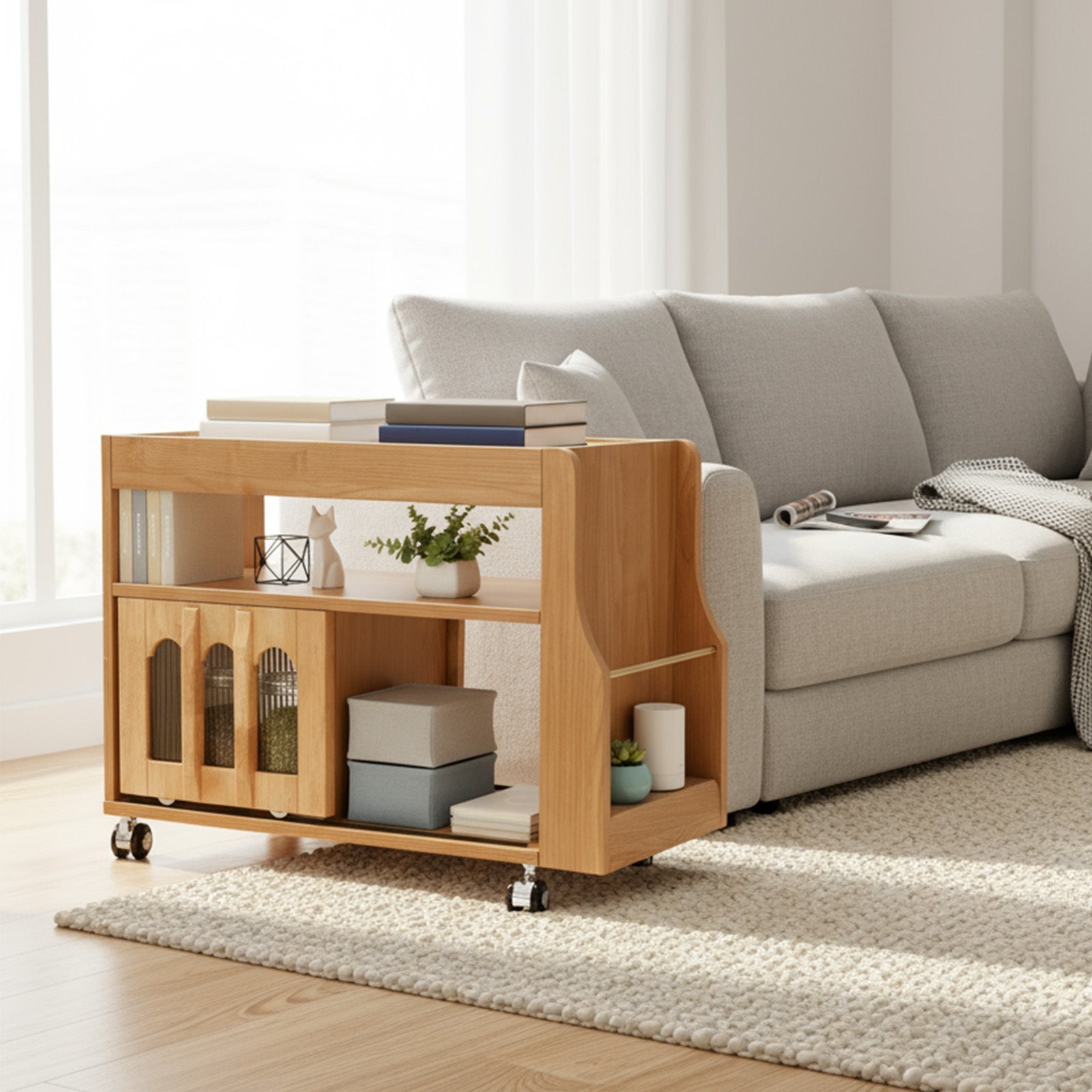 Side Table with Wheels, Narrow 5-Shelf Rolling Cart with Locking Casters, Solid Wood Mobile End Table for Small Spaces, Living Room, Bedroom, Kitchen