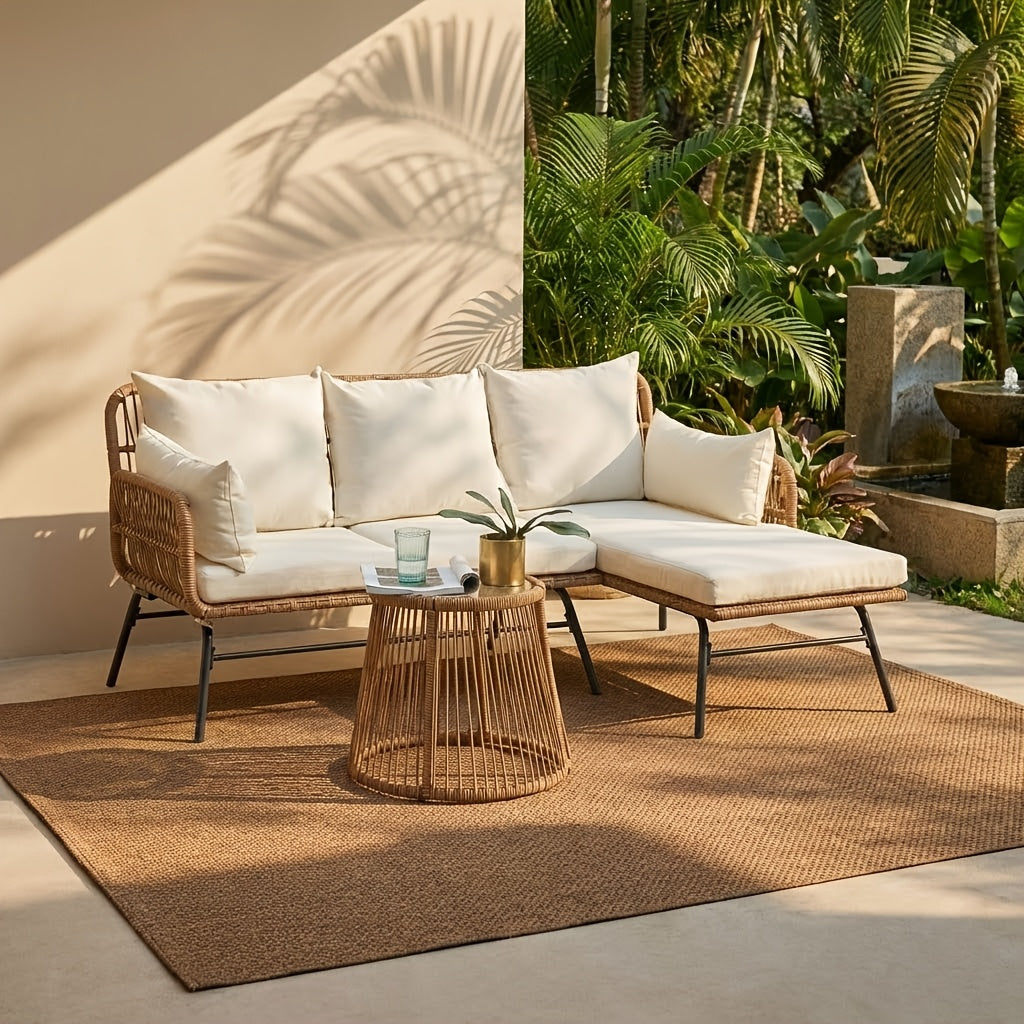 Bezseller 3pcs Outdoor Patio Rattan Furniture Set, L-Shaped Conversation Set with Coffee Table for Backyard, Balcony, Garden, Porch, Patio