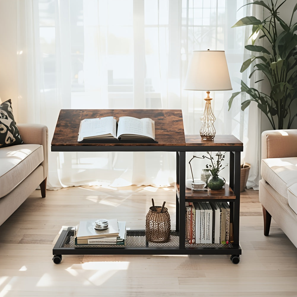 Wooden Snack Side Table with Storage Shelves, Height Adjustable C Table with Wheels - Mobile Couch & Bedside Table with Tiltable Drawing Board - Versatile Rolling Desk with Durable Metal Frame (Space-Saving Design, Brown)