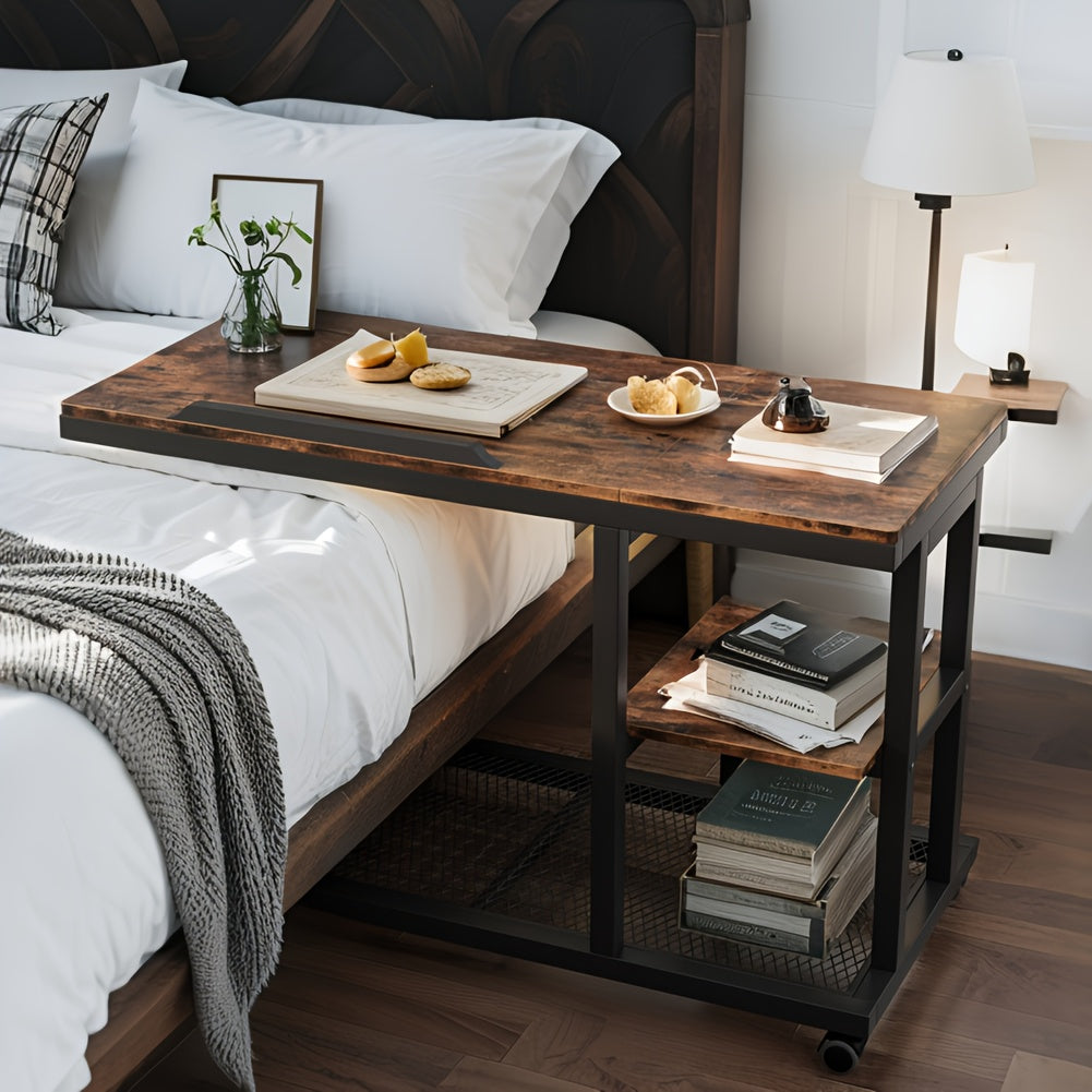 Wooden Snack Side Table with Storage Shelves, Height Adjustable C Table with Wheels - Mobile Couch & Bedside Table with Tiltable Drawing Board - Versatile Rolling Desk with Durable Metal Frame (Space-Saving Design, Brown)